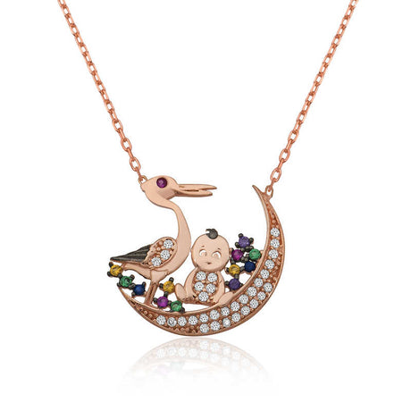 Rose Gold-Tone Stork & Baby Crescent Moon Necklace with Zirconia