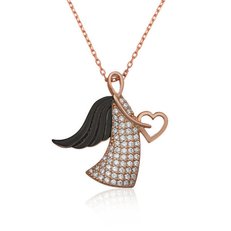 Rose Gold Plated Angel Wing & Heart Necklace - Zirconia Embellished