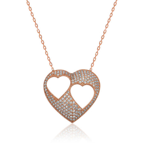 Necklace - Rose Gold Plated Double Heart Cubic Zirconia