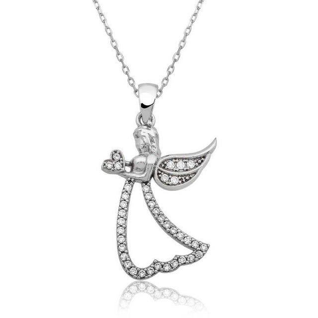 Sterling Silver Zircon Winged Angel Heart Pendant Necklace