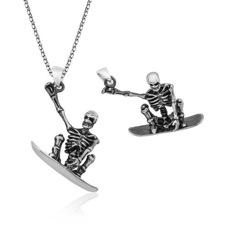 Sterling Silver Skeleton Snowboarder Necklace - Gothic Pendant
