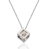 Necklace - Silver Solitaire Cube Pendant with Brilliant Stone