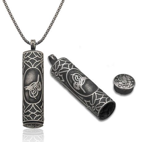 Sterling Silver Engraved Ottoman Tughra Cylindrical Pendant Necklace