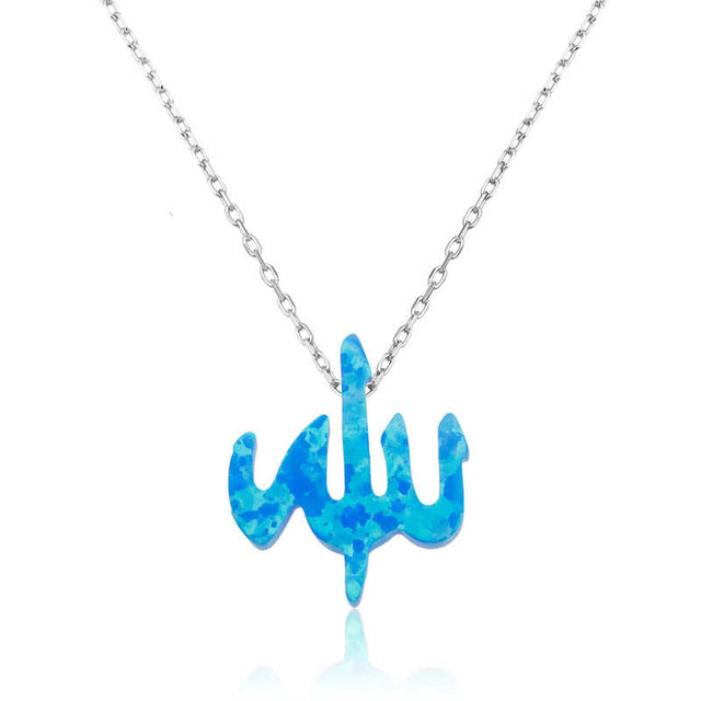 Sterling Silver Blue Opal Allah Calligraphy Spiritual Necklace