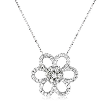 Sterling Silver Necklace - Dazzling Flower Pendant with Clear CZ Stones