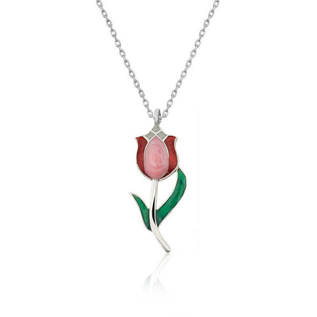 Necklace - Silver-Tone Enamel Tulip Flower Pendant
