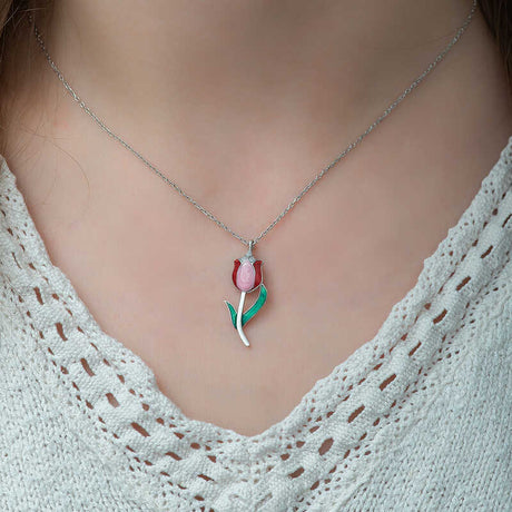 Necklace - Silver-Tone Enamel Tulip Flower Pendant