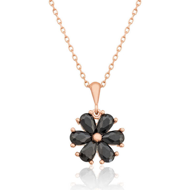 Necklace - Rose Gold Tone Black Stone Flower Pendant