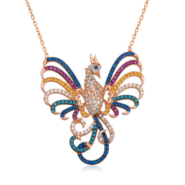 Necklace - Rose Gold Plated Sterling Silver Multi-color Phoenix