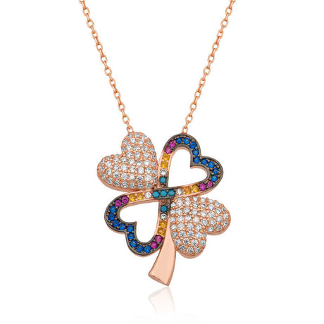 Necklace - Rose Gold Plated Sterling Silver Lucky Clover Heart Pendant