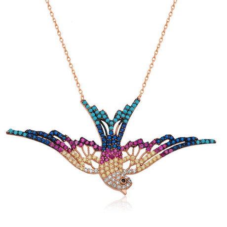 Necklace - Rose Gold-Tone Zirconia Colorful Swallow Bird Pendant