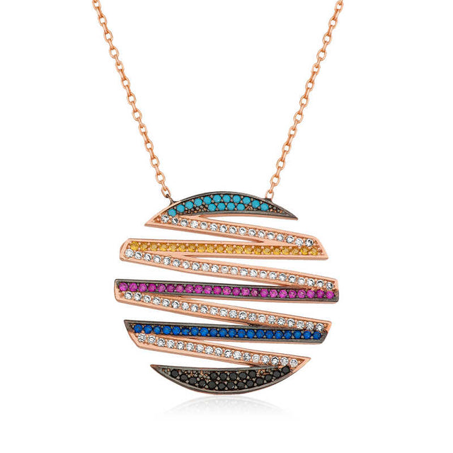 Necklace - Rose Gold-Tone Multi-Gemstone Abstract Pendant