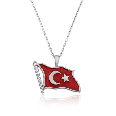 Sterling Silver Turkish Flag Necklace - Sparkling Zirconia Pendant