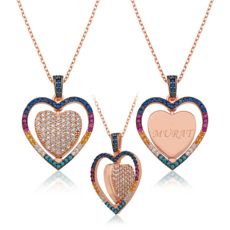 Reversible Heart Pendant Necklace - Rose Gold-Tone Sterling Silver & Multicolor CZ