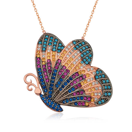 Butterfly Necklace - Rose Gold Tone Multi-Color Zirconia Statement
