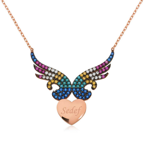 Personalized Rose Gold Plated Winged Heart Necklace with Multi-Color Zirconia