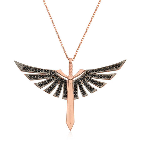 Necklace - Rose Gold Plated Silver Winged Sword with Black Zirconia