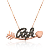 Necklace - Rose Gold Plated 'Ask' Script with Black Stones and Heart Arrow