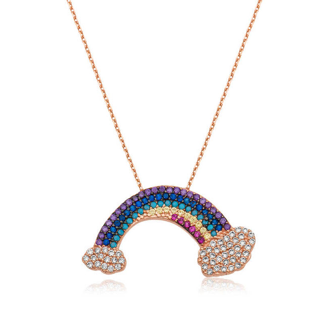Sterling Silver - Rose Gold Plated Rainbow & Cloud CZ Necklace