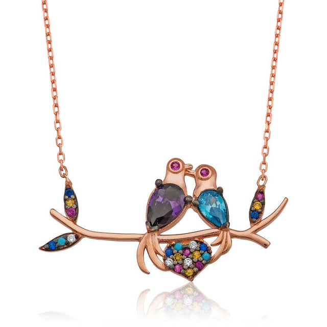 Necklace - Rose Gold Plated Multi-Gemstone Love Birds