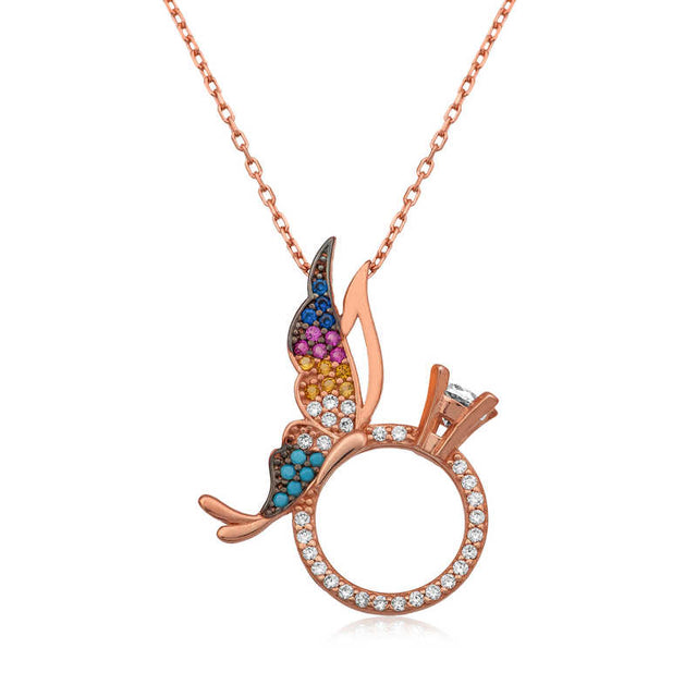 Rose Gold Tone Butterfly & Solitaire Ring Necklace - Multi-Stone Elegant Design