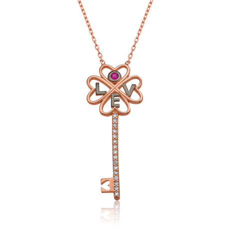 Necklace - Rose Gold Plated 'Love' Key Pendant with Ruby & Zirconia