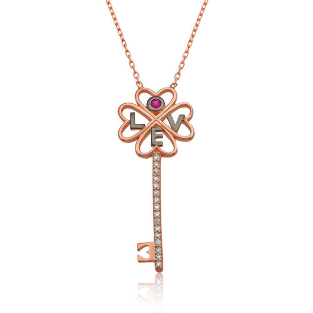 Necklace - Rose Gold Plated 'Love' Key Pendant with Ruby & Zirconia