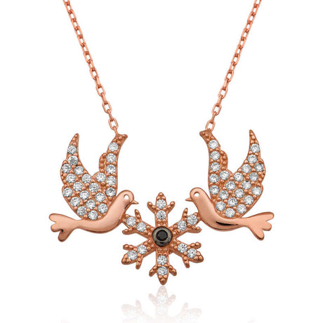 Rose Gold Plated Sterling Silver Love Birds Snowflake Necklace