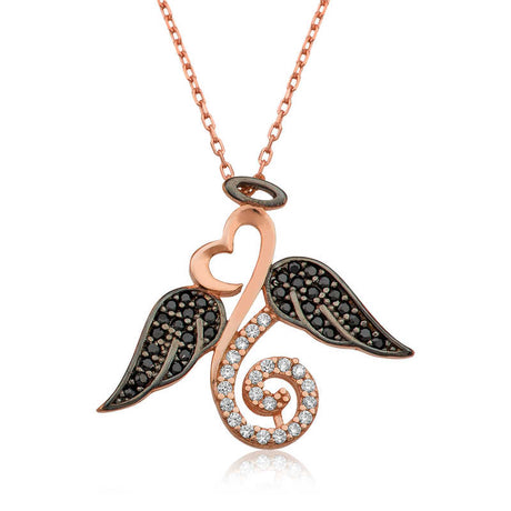 Necklace - Rose Gold Plated Sterling Silver Angel Wing Heart Zirconia