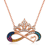 Rose Gold Tone Crown Infinity Heart Necklace - Sparkling Multi-Stone Design
