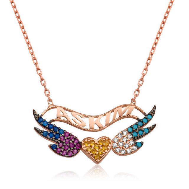 Rose Gold Plated 'Askim' Winged Heart Necklace - Multi-Color Zirconia