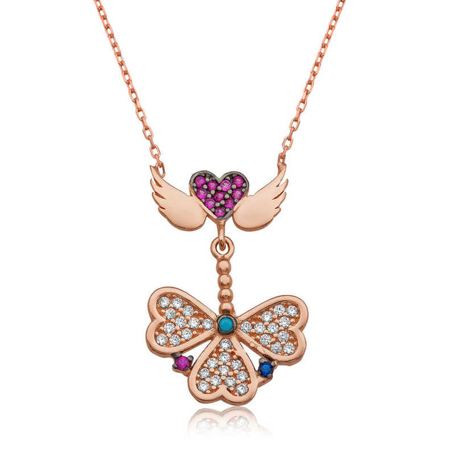 Rose Gold-Tone Angel Wing Clover Necklace - Sparkling Zirconia & Gemstone Accents