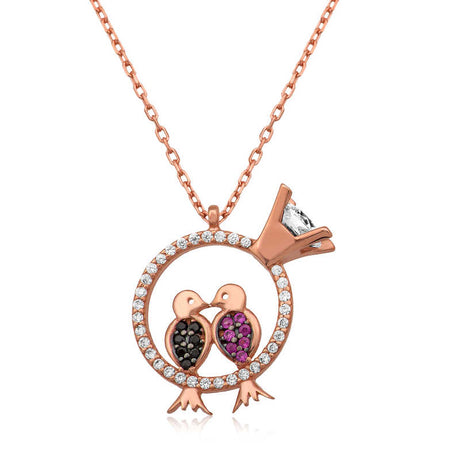 Rose Gold Plated Love Birds Pomegranate Necklace with Zirconia