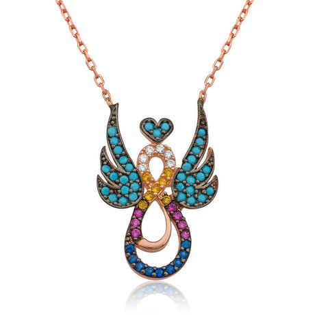 Rose Gold Plated Sterling Silver Angel Infinity Necklace, Colorful CZ