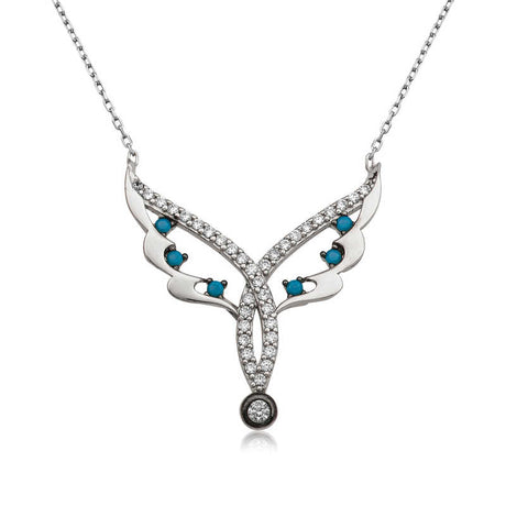 Sterling Silver Fairy Wing Necklace - Turquoise & Cubic Zirconia Statement