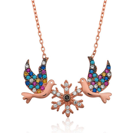 Necklace - Rose Gold-Tone Multi-Color Zirconia Love Birds & Snowflake