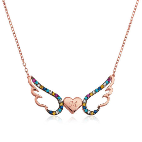 Rose Gold Plated Winged Heart 'M' Initial Necklace - Multicolor Zircon
