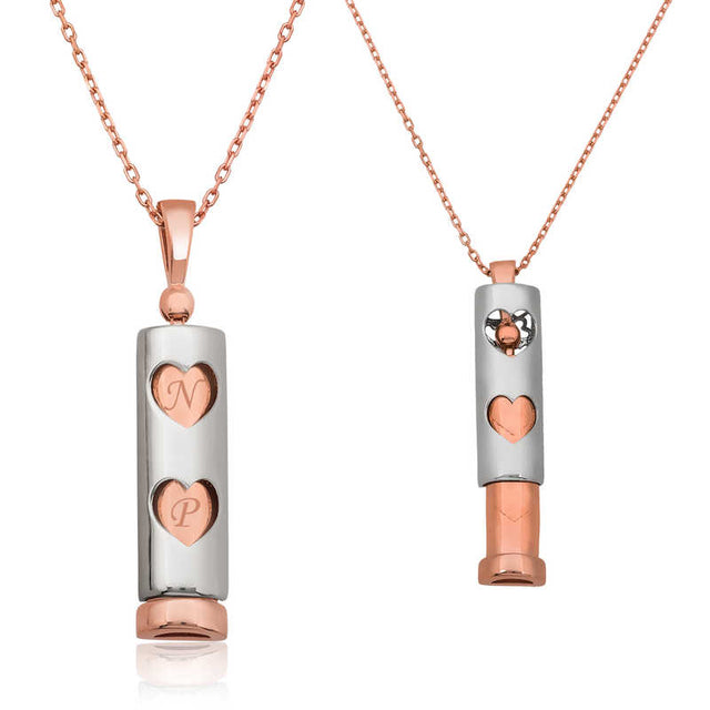 Two-Tone Heart Initial Cylinder Locket Necklace - Engravable Design