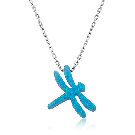 Sterling Silver Necklace - Whimsical Blue Opal Dragonfly Pendant