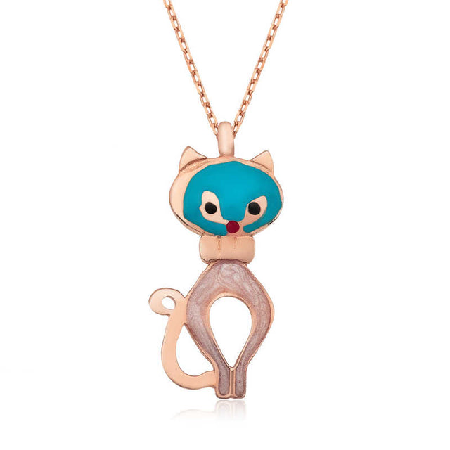 Rose Gold Plated Silver Enamel Playful Cat Pendant Necklace
