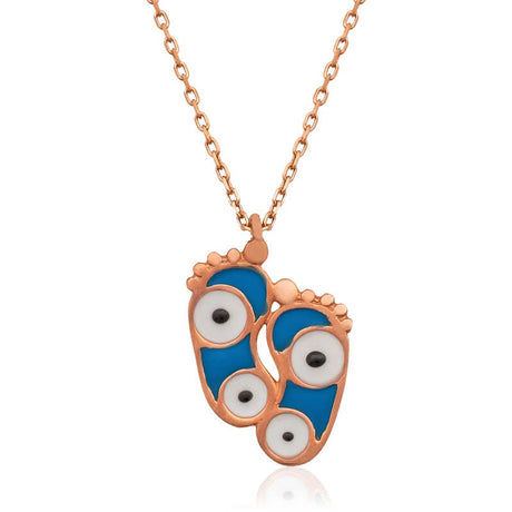 Necklace - Rose Gold Plated Silver Dainty Evil Eye Footprint Pendant