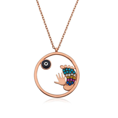 Necklace - Rose Gold Plated Evil Eye Baby Hand & Footprint