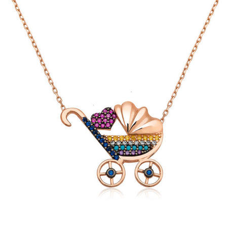 Rose Gold Plated Baby Stroller Necklace - Sparkling Multi-Color Zirconia