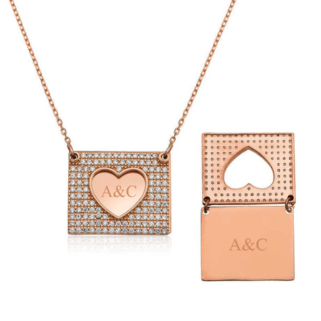 Personalized Heart Locket Necklace - Rose Gold-Tone with Sparkling Stones