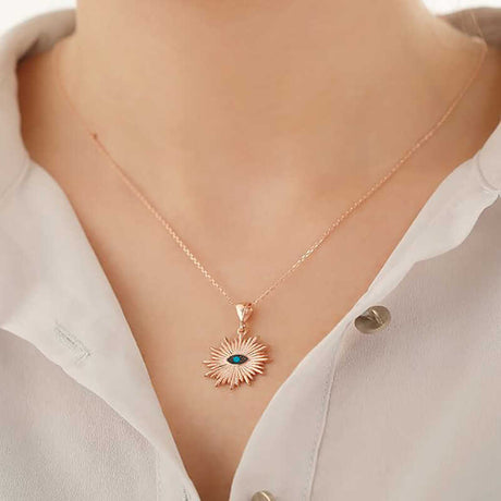 Rose Gold Tone Evil Eye Sunburst Pendant Necklace