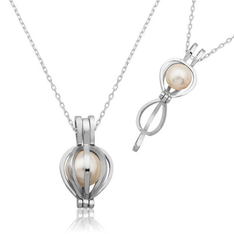 Sterling Silver Pearl Locket Necklace - Convertible Cage Design