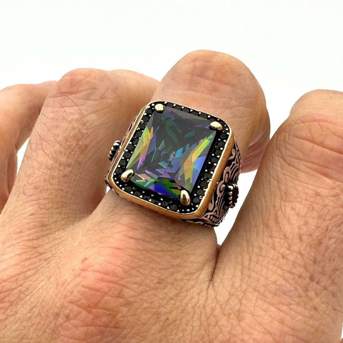 Rainbow Mystic Topaz Square Stone Men's Ring