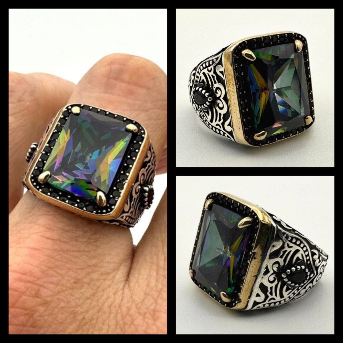 Rainbow Mystic Topaz Square Stone Men's Ring