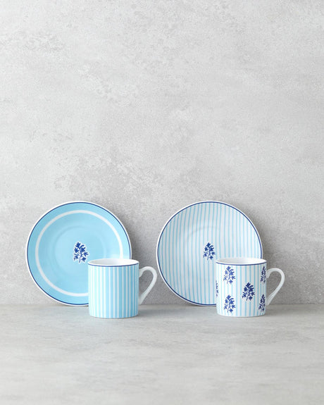 Elegant Blue Porcelain Turkish Coffee Demitasse Cup Saucer Set - 4 Piece