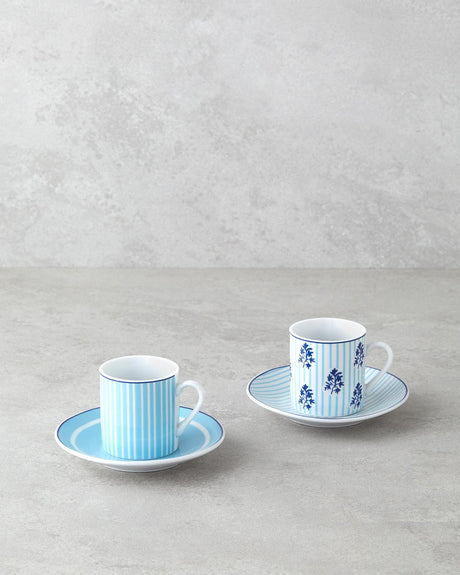 Elegant Blue Porcelain Turkish Coffee Demitasse Cup Saucer Set - 4 Piece